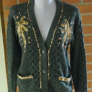 Le Superbe beaded  charcoal gray cable cardigan in Size: Small